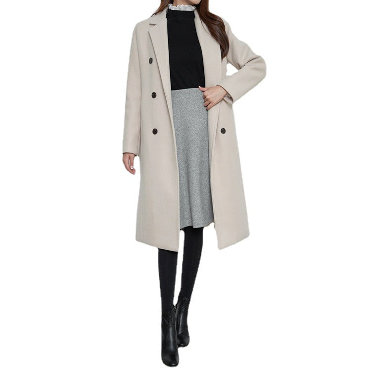 Damen Lang geschnittener Wollmix-Mantel im minimalistischen Doppelreiher mit tiefem Revers Drune