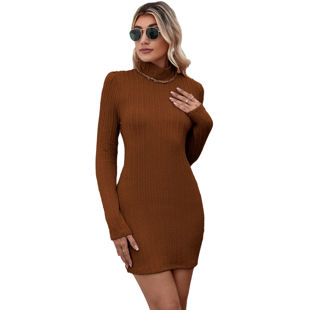 Damen figurbetontes Strickkleid mit Rollkragen und Zopfstrick-Optik Drune