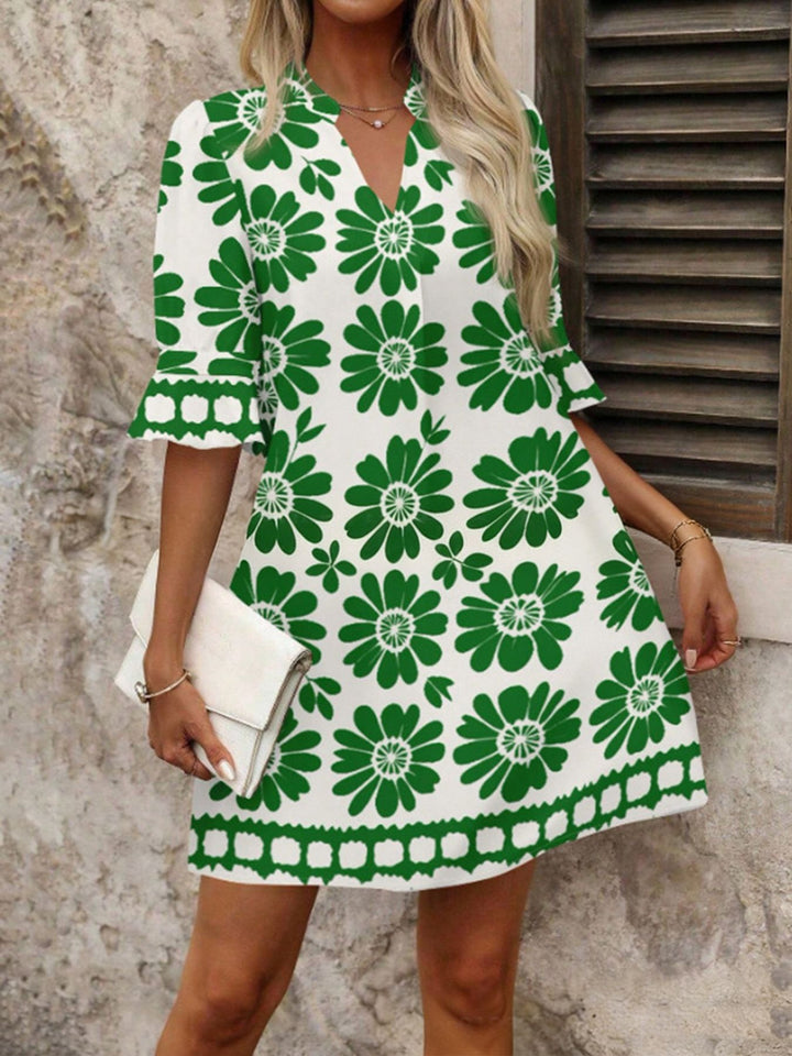 Damen Leichtes Sommer Tunika Kleid mit V Ausschnitt und Volantärmeln Drune