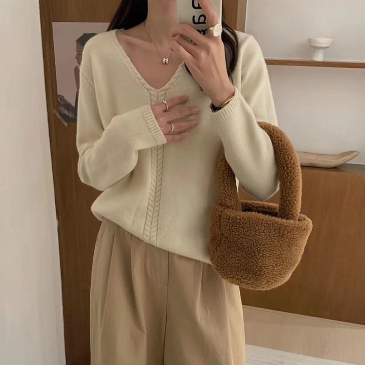 Damen Oversized V-Ausschnitt Pullover mit feiner Strickstruktur Drune