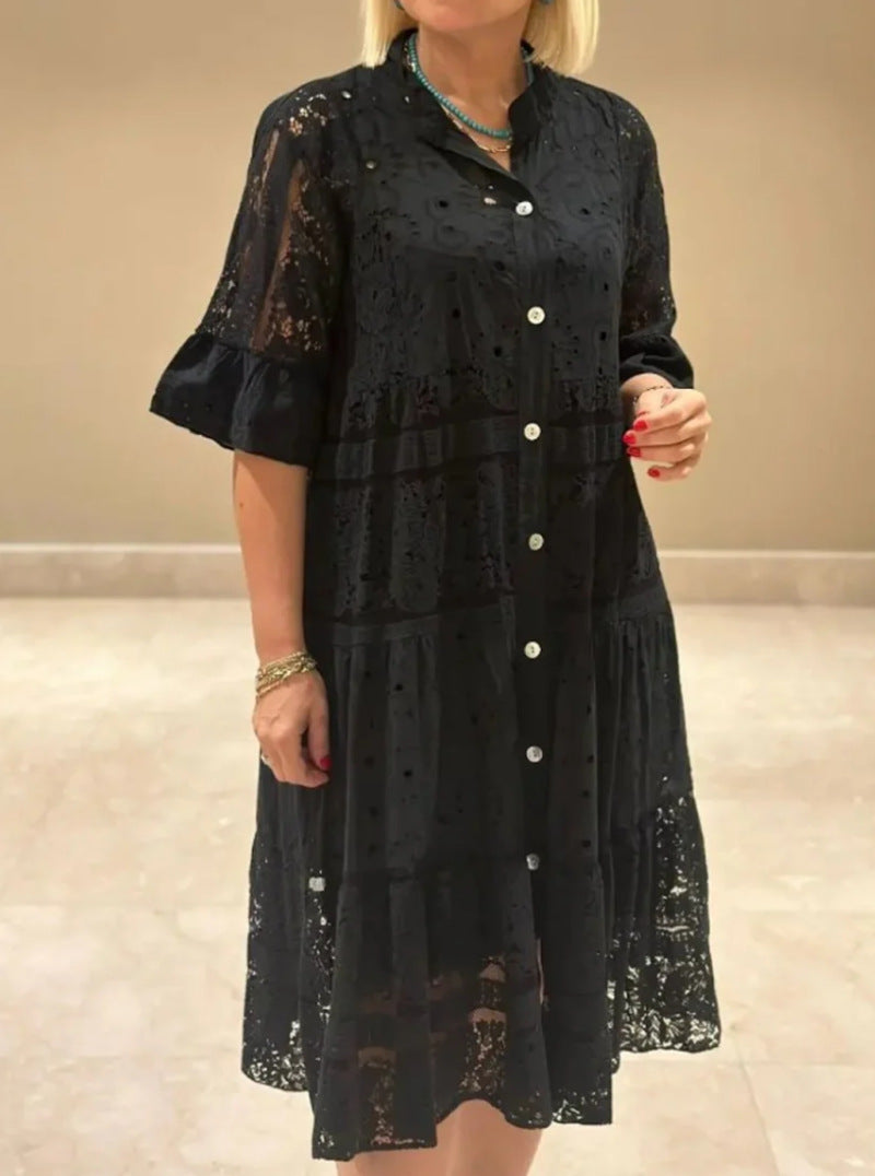 Damen nan Hemdblusen-Midikleid mit Spitzen-Einsätzen, Stufenrock und durchgehender Knopfleiste Drune
