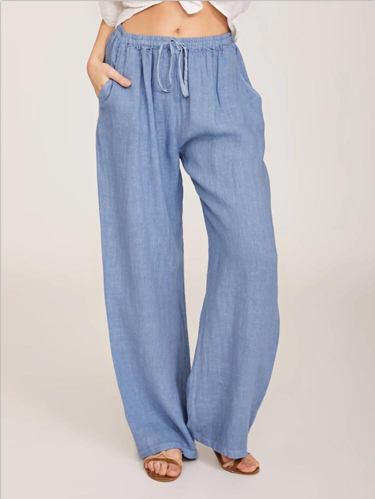 Damen luftige Palazzo-Hose mit Tunnelzugbund, elastischem Taillenabschluss und seitlichen Eingrifftaschen Drune