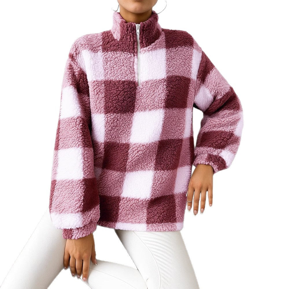 Damen nan kariertes Teddy-Fleece Pullover mit Stehkragen und halbhohem Reißverschluss Drune