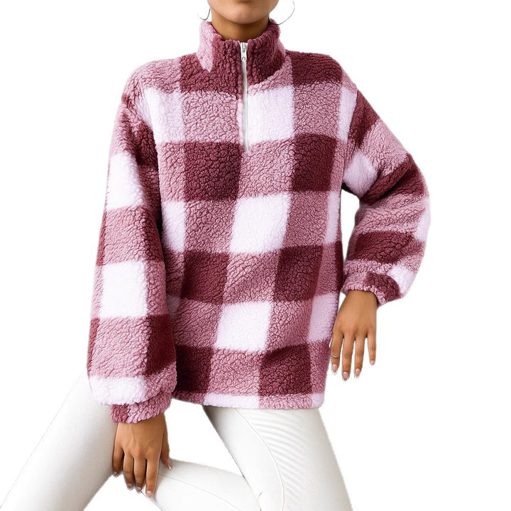 Damen nan kariertes Teddy-Fleece Pullover mit Stehkragen und halbhohem Reißverschluss Drune