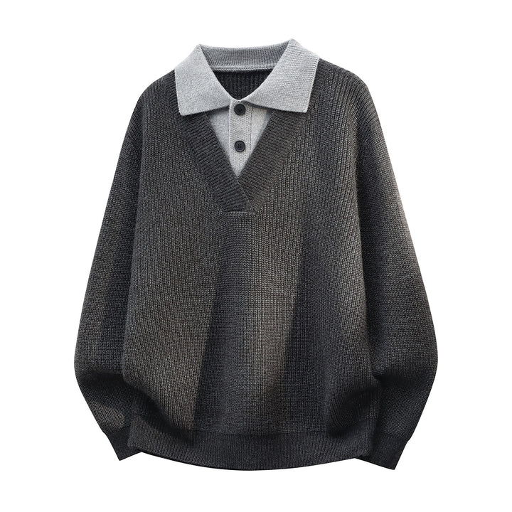 Herren Grobstrick-Pullover mit tiefem V-Ausschnitt und kontrastierendem Polokragen Drune