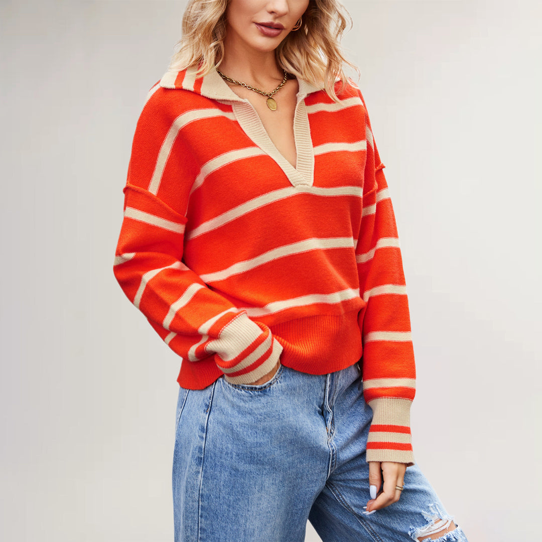 Damen lässiger Pullover mit V-Ausschnitt und gestreiftem Design Drune