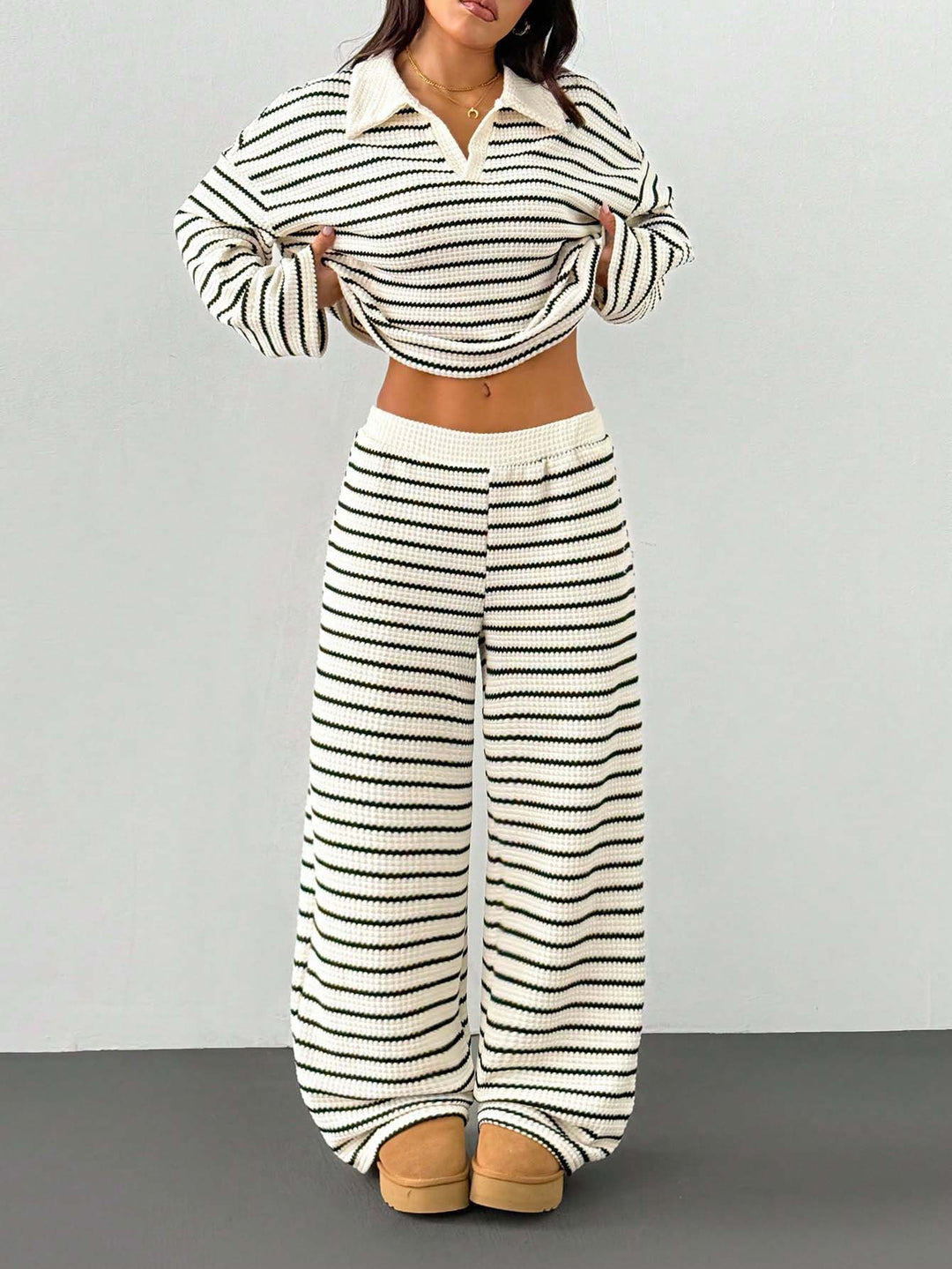 Damen Gestreiftes Strick-Set aus Polokrippenpullover und weiten Palazzo-Strickhose Drune