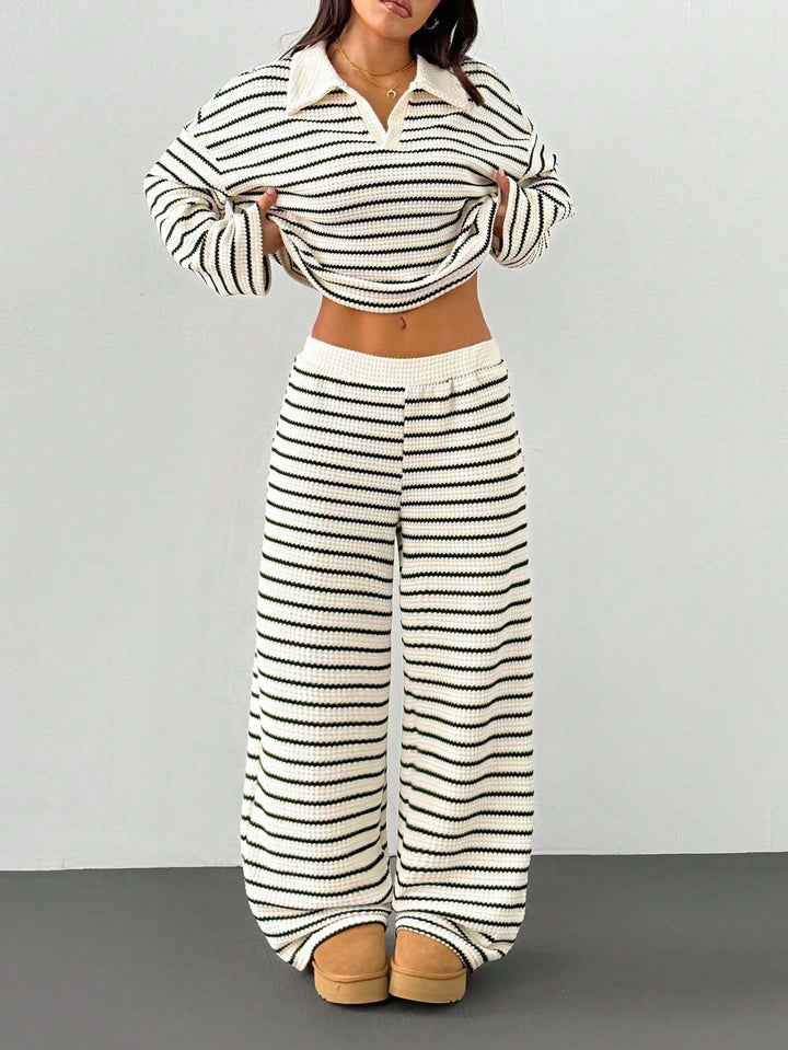 Damen Gestreiftes Strick-Set aus Polokrippenpullover und weiten Palazzo-Strickhose Drune