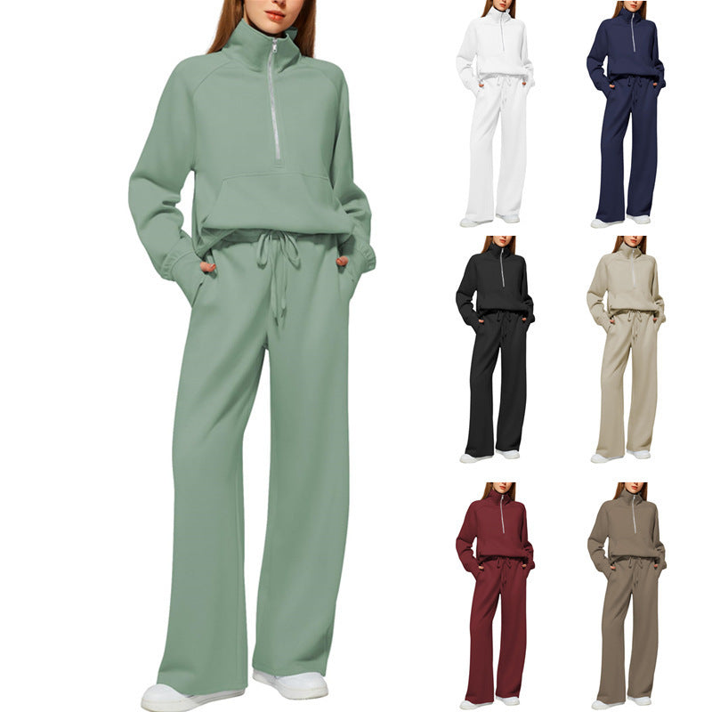 Damen nan halbzip Lounge-Set mit hohem Stehkragen, Kängurutasche und weiten Highwaist-Jogginghose Drune