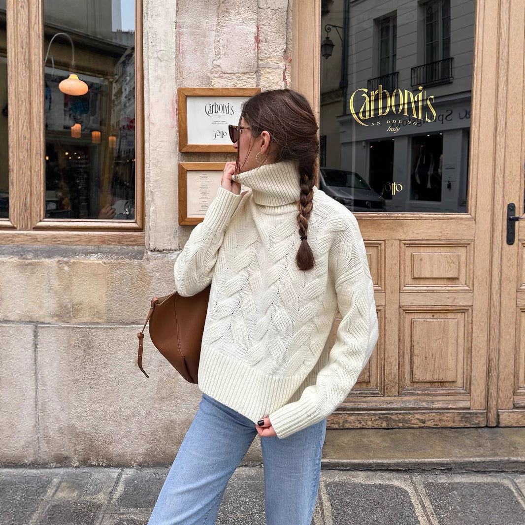 Damen gemütlicher Pullover mit hohem Kragen und Kabelstrick Drune
