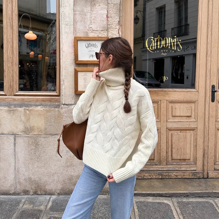 Damen gemütlicher Pullover mit hohem Kragen und Kabelstrick Drune