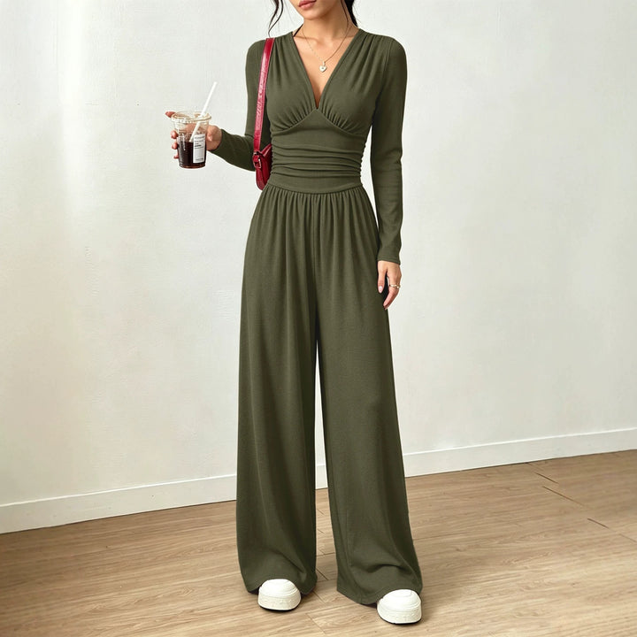 Damen Eleganter V‑Ausschnitt Jumpsuit mit tailliertem Wickelbund und weitem Hosenbein Drune