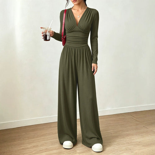 Damen Eleganter V‑Ausschnitt Jumpsuit mit tailliertem Wickelbund und weitem Hosenbein Drune