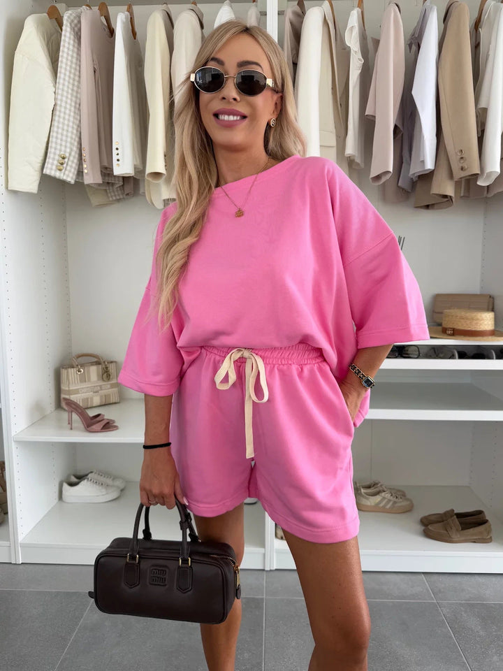 Damen lässiges Kurzarm Set aus Oversized Oberteil und Shorts Drune