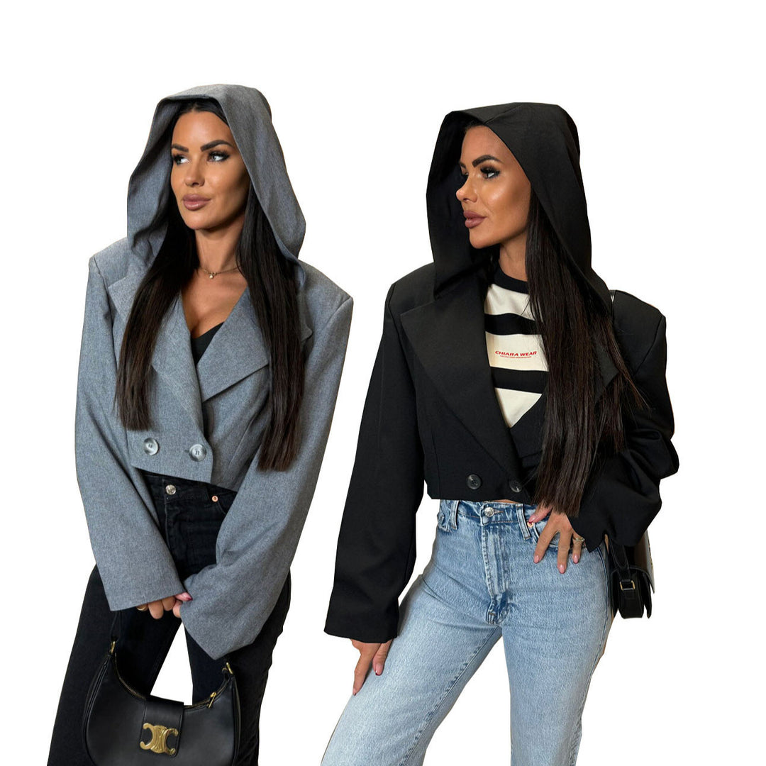 Damen Eleganter Mantel mit Kapuze und doppelter Knopfleiste Drune