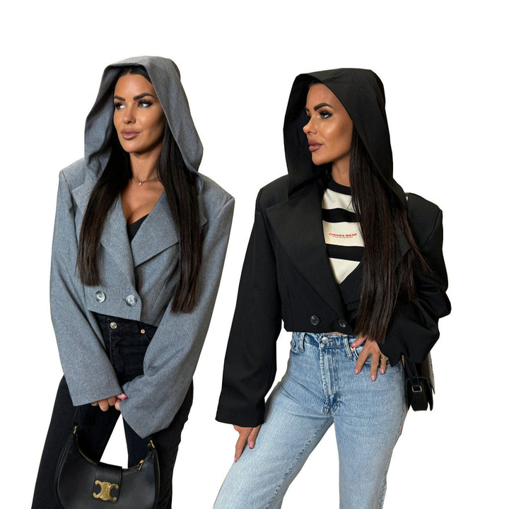 Damen Eleganter Mantel mit Kapuze und doppelter Knopfleiste Drune