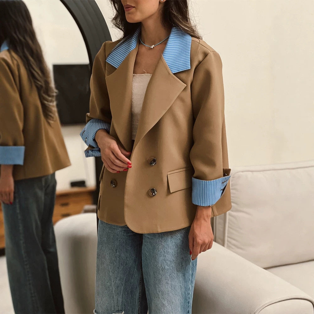 Damen Oversize-doppelreihiger Blazer mit kontrastkragen & aufschlagärmeln Drune