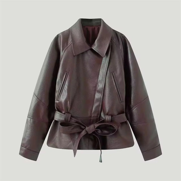 Damen nan taillierte Kunstlederjacke mit Hemdkragen und Bindegürtel Drune