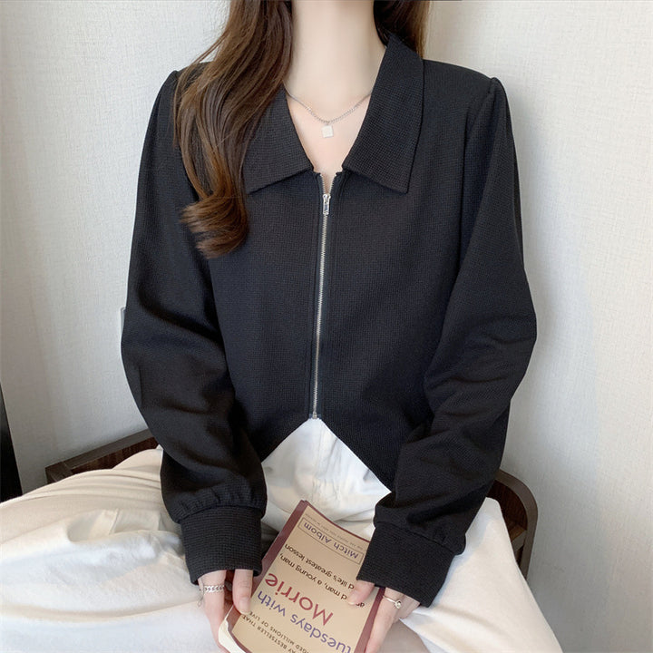 Damen modische cropped Jacke mit Reißverschluss und elegantem Kragen Drune