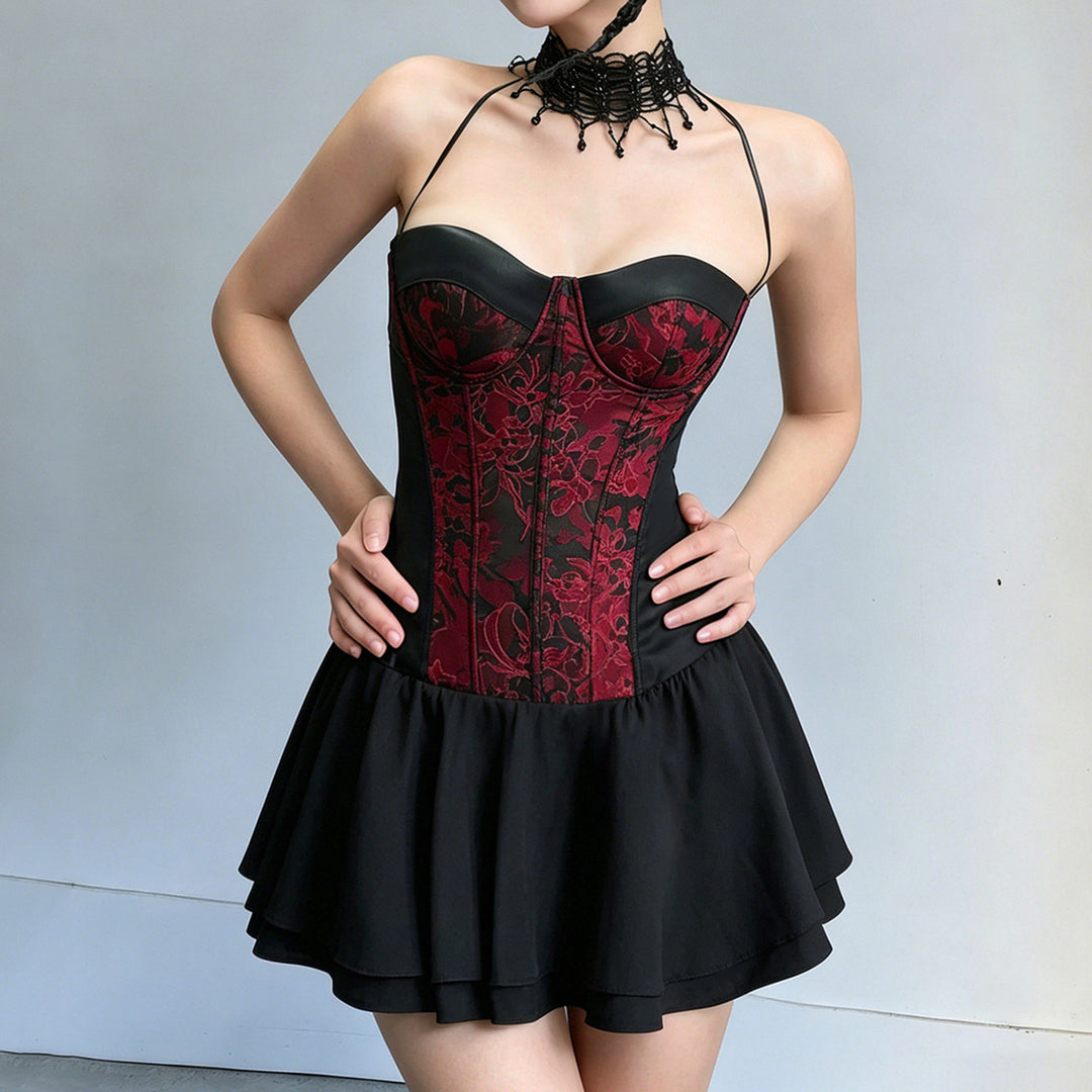 Damen Trägerkleid mit Corsagen-Design und voluminösem Rock Drune