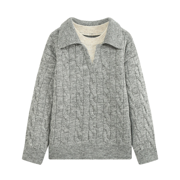 Damen Oversize Zopfstrickpullover mit weitem Umlegekragen und innerem Rippkragen Drune