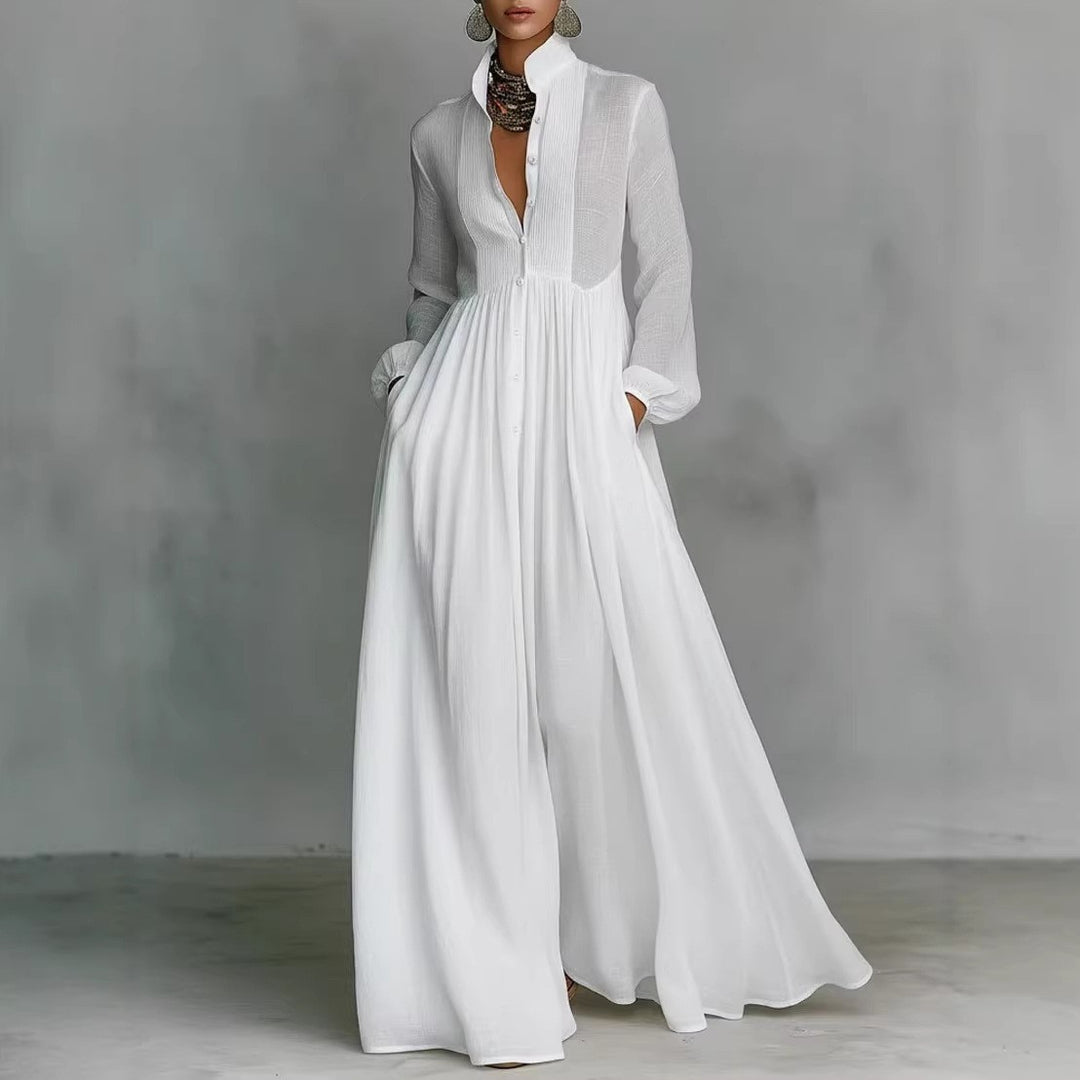 Damen Maxikleid mit Stehkragen, Knopfleiste und seitlichen Taschen Drune