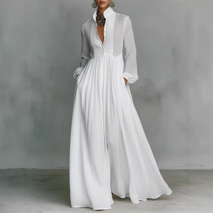 Damen Maxikleid mit Stehkragen, Knopfleiste und seitlichen Taschen Drune