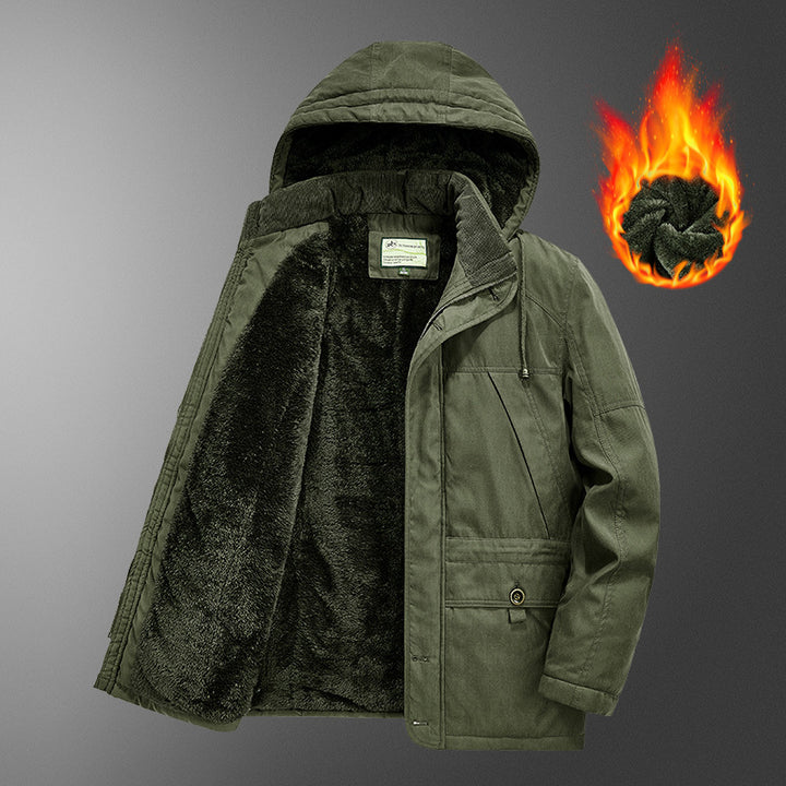 Herren gefütterter Kapuzenparka mit Thermo-Teddyfutter, winddichter Baumwollmix-Außenschale und Mehrfachtaschen Drune