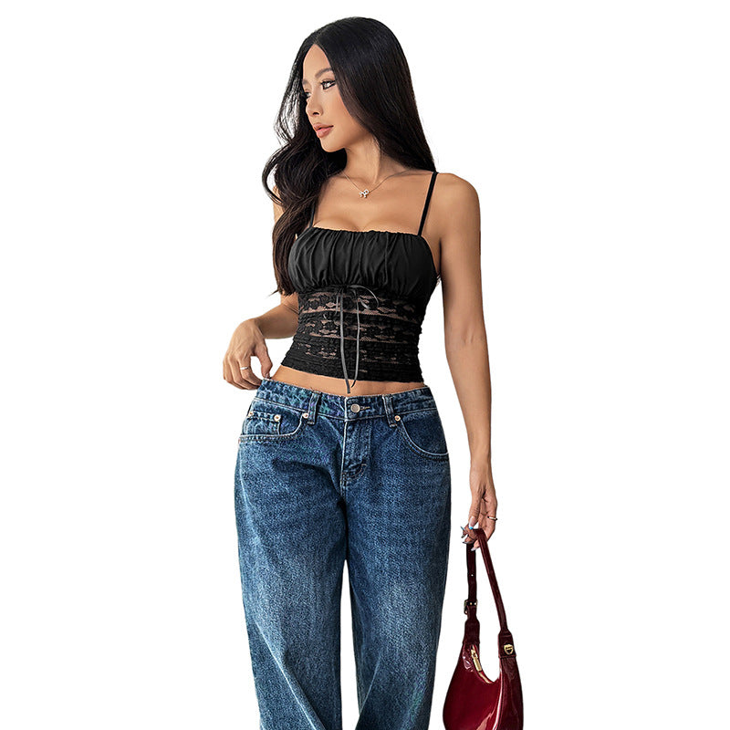 Damen Weite Stonewashed Jeans mit tiefer Taille und Palazzo-Bein Drune