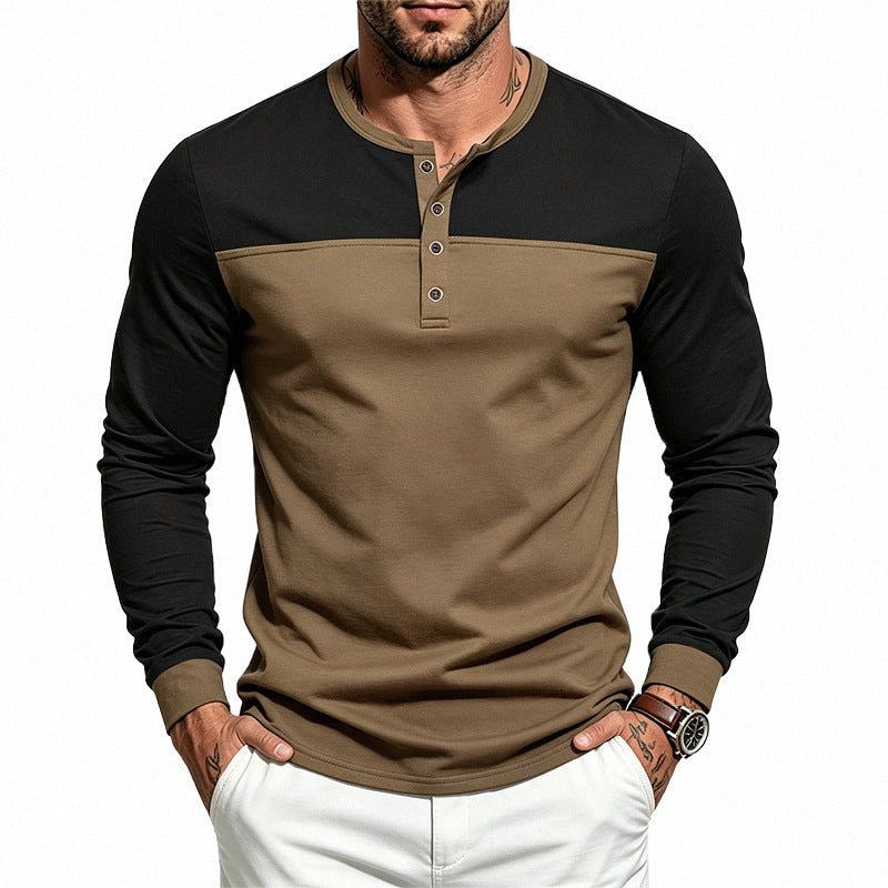 Herren Slim-Fit Henley-Langarmshirt mit kontrastiertem Einsatz und Knopfleiste Drune