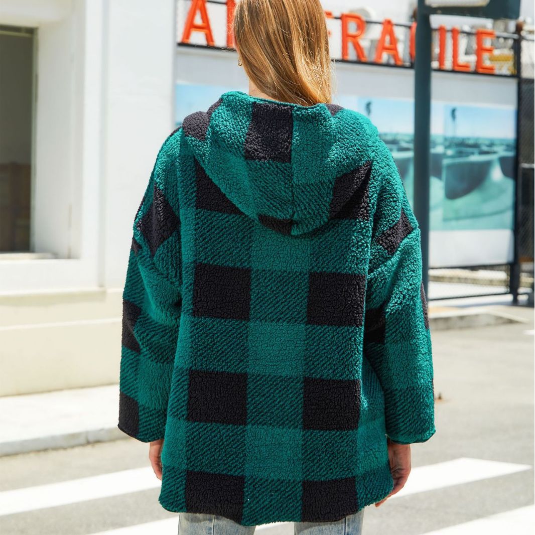 Damen Oversized Fleecejacke mit Kapuze und Karomuster Drune