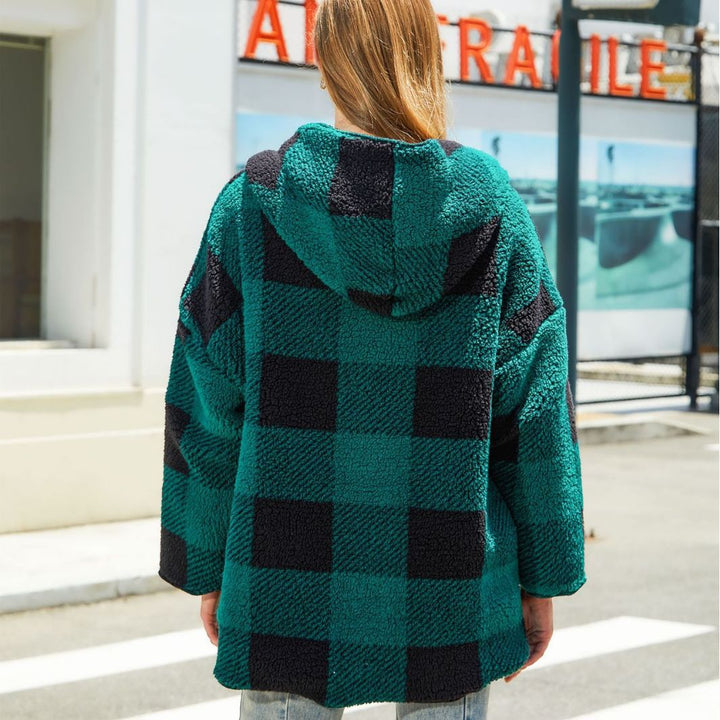 Damen Oversized Fleecejacke mit Kapuze und Karomuster Drune