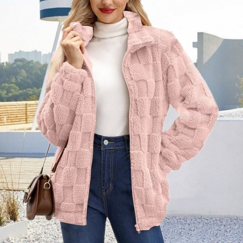 Damen Teddyjacke mit Karo-Struktur, Stehkragen und Reißverschluss Drune
