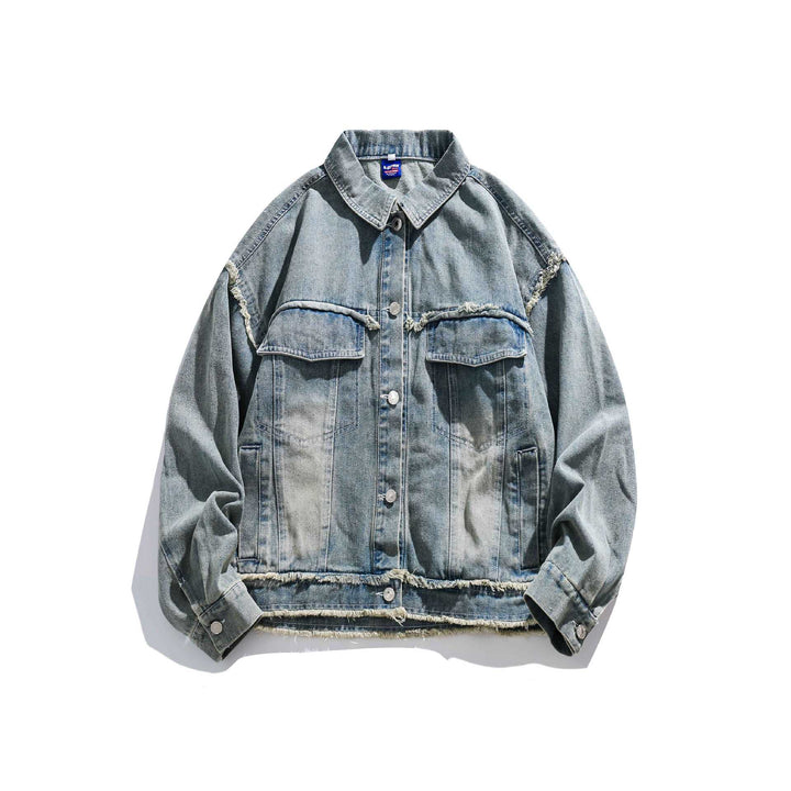 Unisex Oversize Denim-Blousonjacke mit Fransenabschlüssen und Utility-Taschen Drune