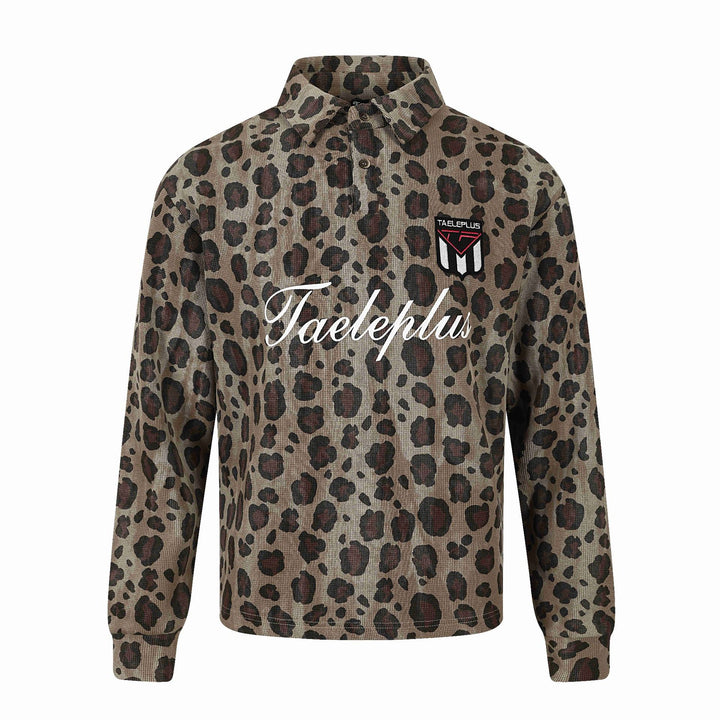 Damen Langärmeliges Poloshirt mit Waffelstruktur, Knopfleiste und Animal-Print Drune