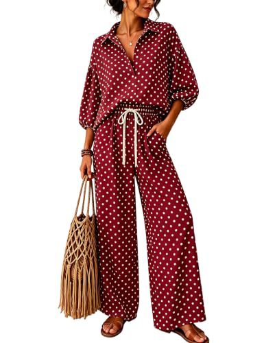 Damen Gepunktetes Zweiteiliges Lounge-Set mit Hemdblusen-Oberteil und Kordelzug-Weitbundhose Drune