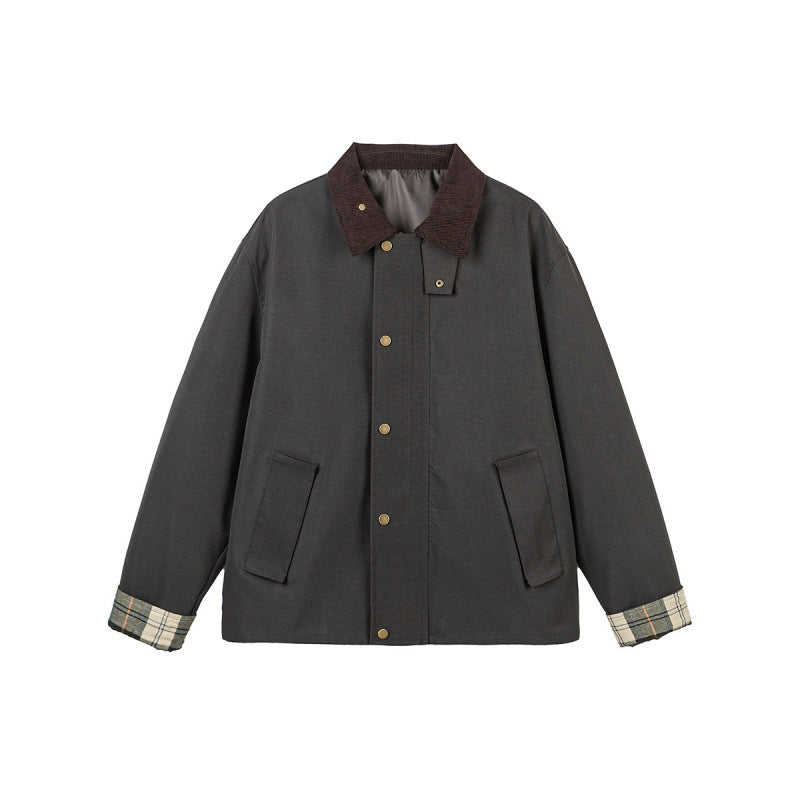 Herren Kurze Boxy-Workerjacke aus robustem Canvas mit Cordkragen und verdeckter Druckknopfleiste Drune