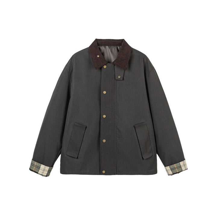 Herren Kurze Boxy-Workerjacke aus robustem Canvas mit Cordkragen und verdeckter Druckknopfleiste Drune