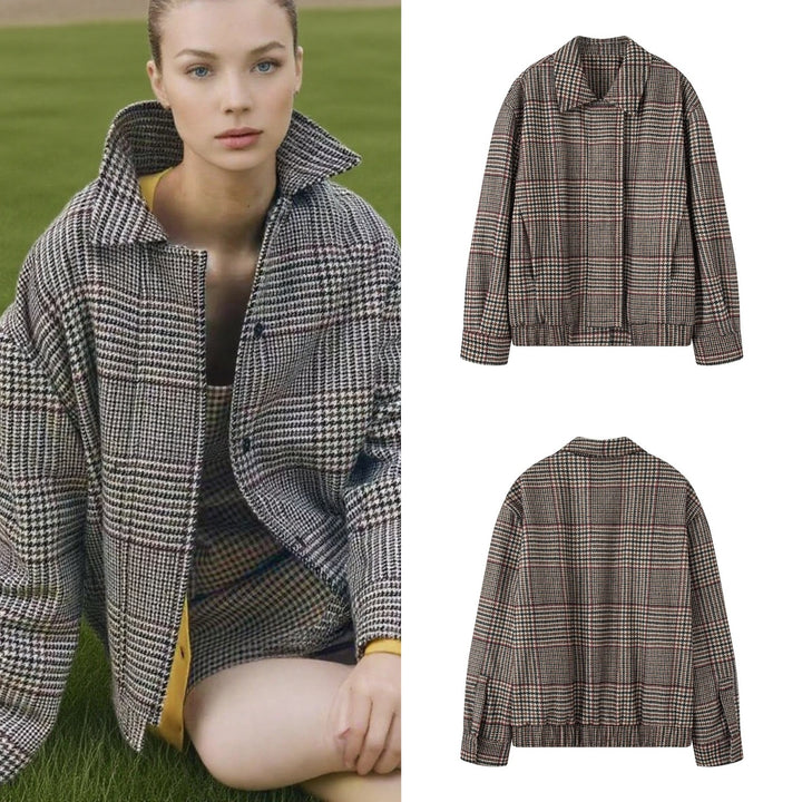 Damen Oversize-Kurzjacke im Hahnentritt-Muster mit Stehkragen und elastischem Saum Drune