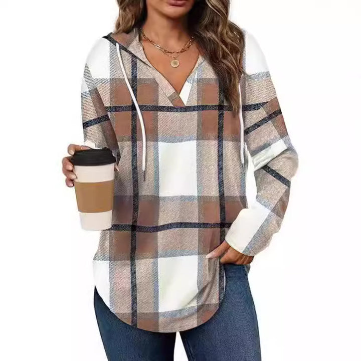 Damen lässige Karobluse mit Kapuze Drune