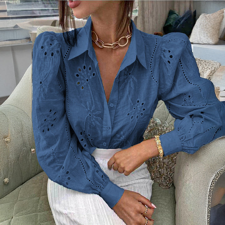 Damen Transparente Bluse mit Stickereien und Rüschendetails Drune