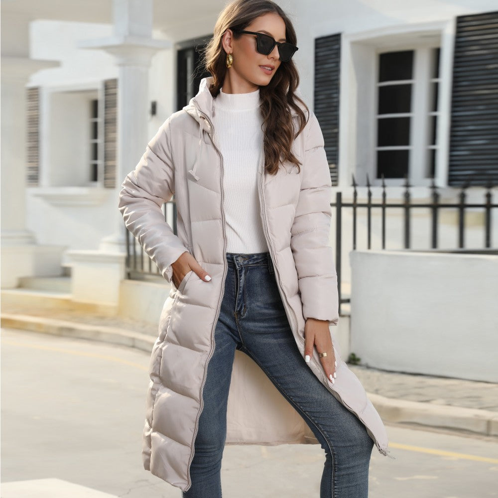 Damen Langer Steppmantel mit Kapuze und Thermofutter Drune