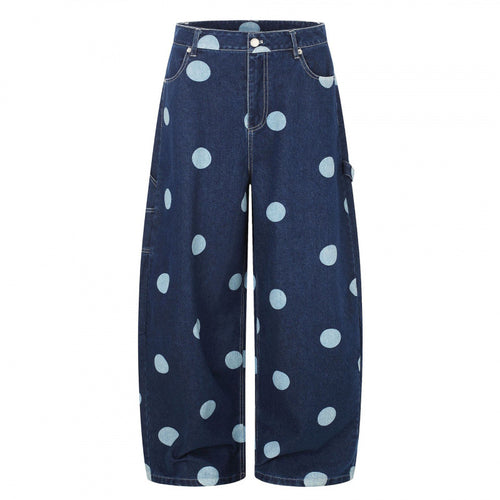 Damen Weite Cropped-Jeans mit hoher Taille, Polka‑Dot‑Print und Carpenter‑Details Drune