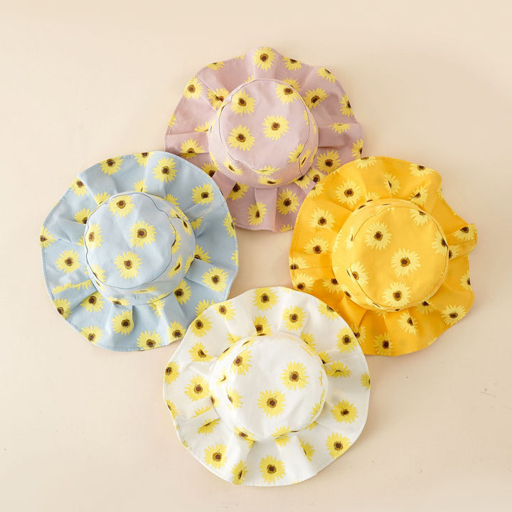 Damen Sonnenhut mit breiter Rüschenkrempe und Sonnenblumen‑Print Drune