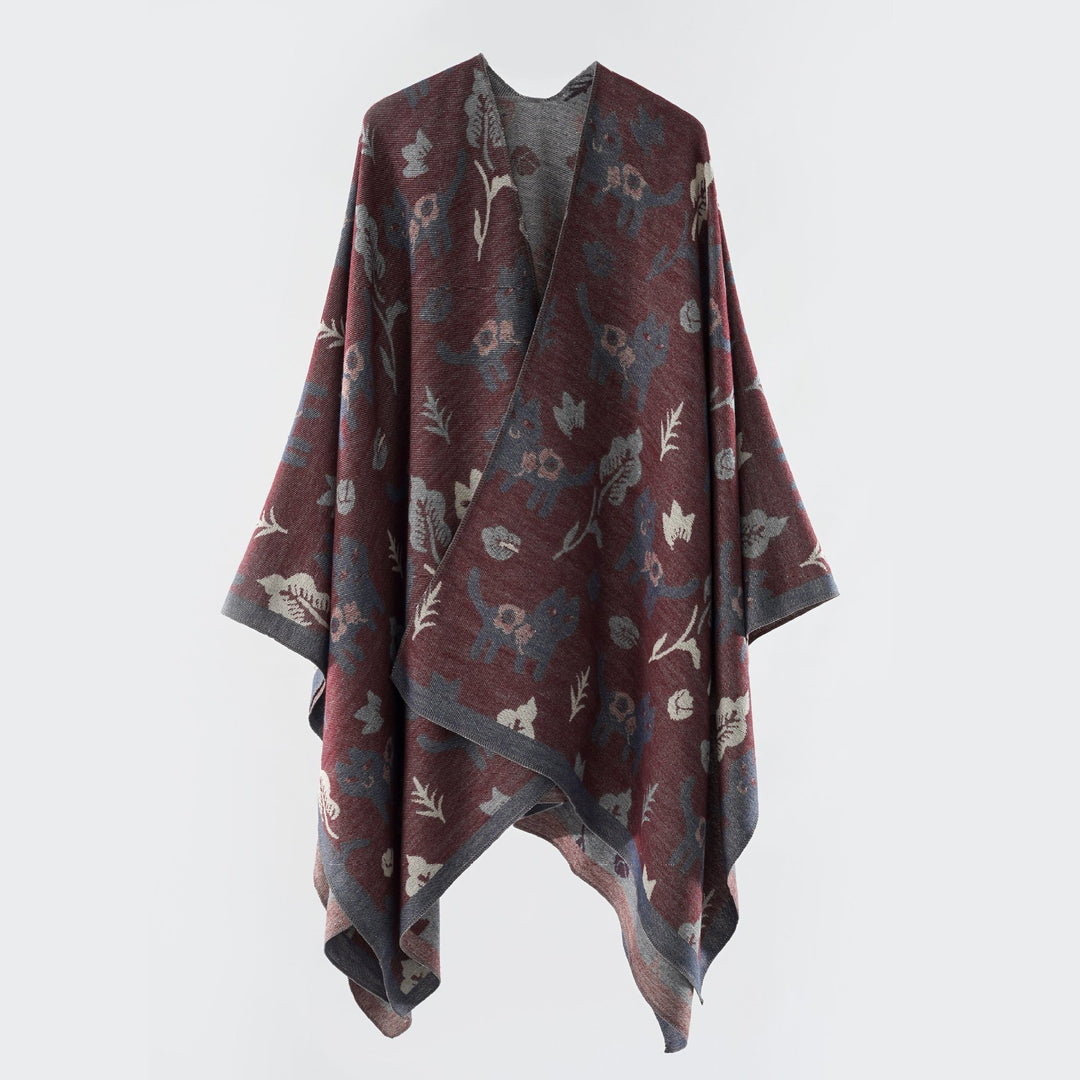Damen Oversized Ruana im Jacquard mit Katzen- & Blumenmotiv Drune