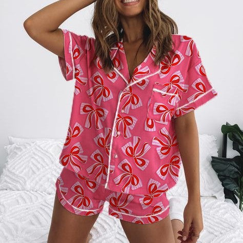 Damen Kurzarm-Pyjama-Set mit verspieltem Schleifenmuster Drune