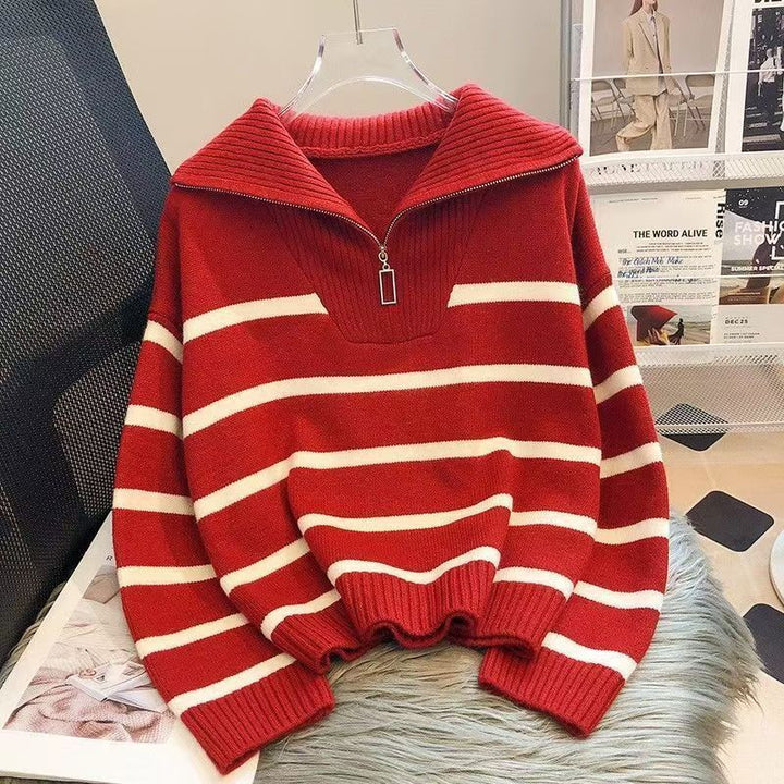 Damen lässiger Strickpullover mit hohem Kragen und Reißverschluss Drune