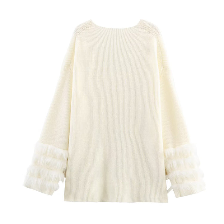 Damen Feinstrick-Minikleid mit tiefem V-Ausschnitt und gestuften Faux-Fur-Ärmeln Drune