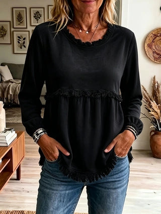 Damen Fransen-Tunika mit Känguru-Taschen und geraffter Empire-Naht Drune