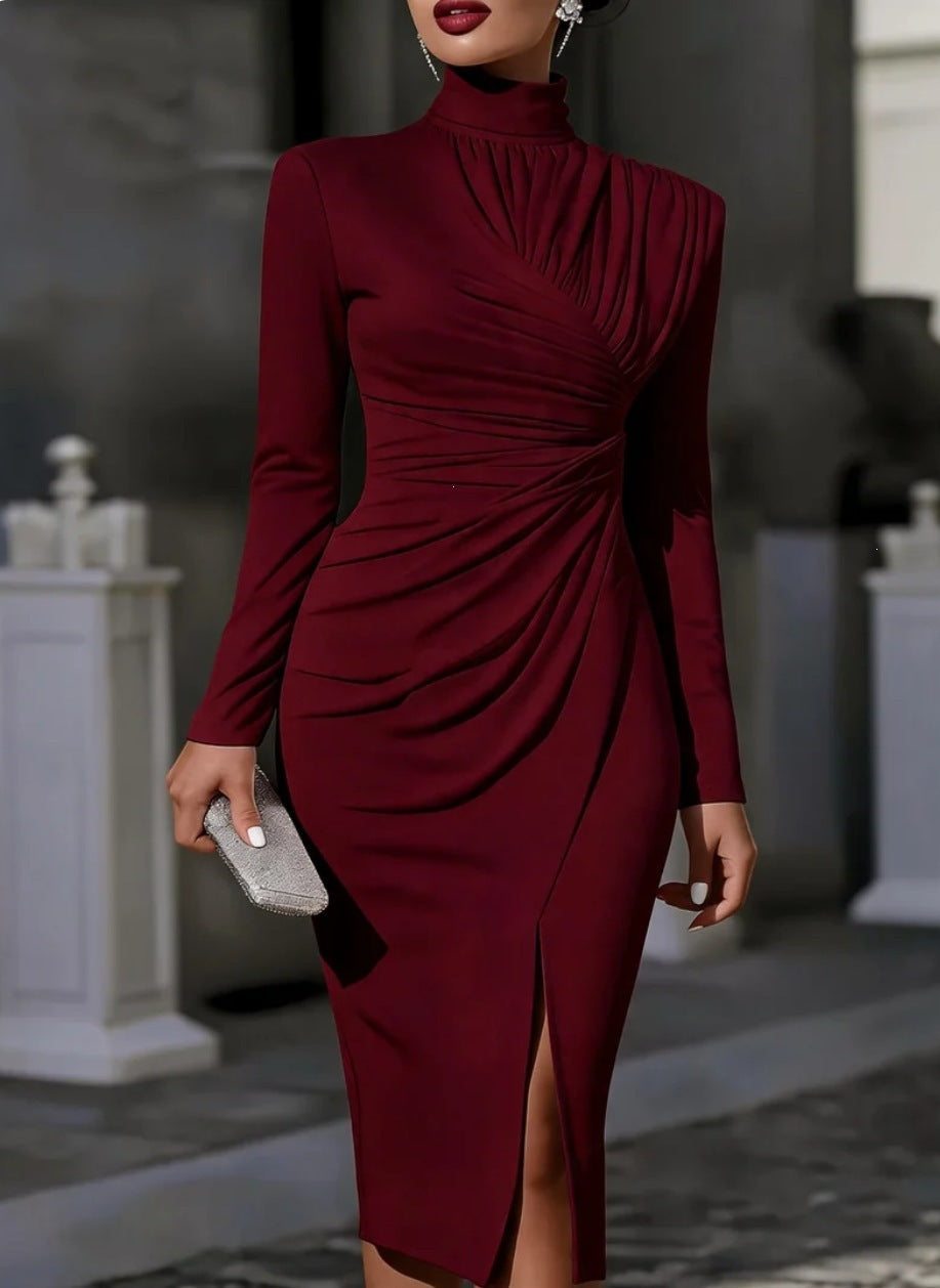 Damen Elegantes Midikleid mit geraffter Drapierung, Stehkragen und Beinschlitz Drune
